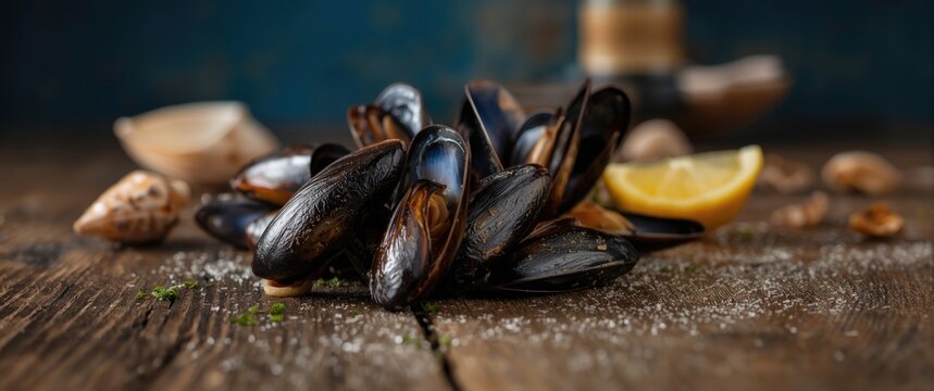 Sea shells and Mediterranean mussels in a detailed closeup shot