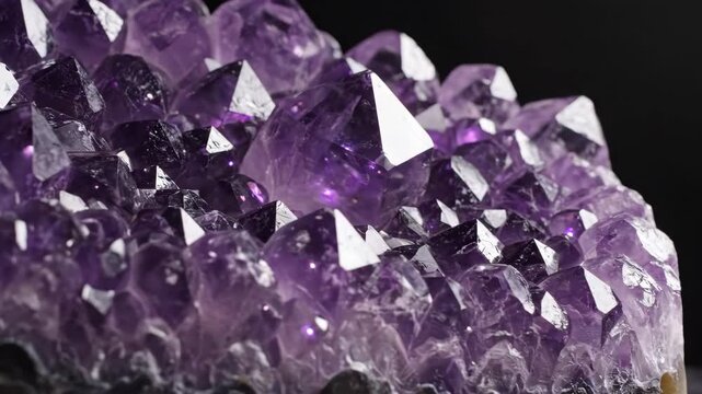 Deep vibrant purple amethyst gemstone mineral crystals cluster formation geology on black background