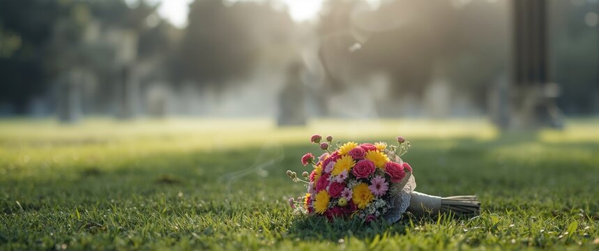 Concept of Death and Loss featuring Mum and Carnation flowers for grave visit