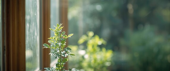Glass house containing small plant with green leaves, bright blurred window revealing green nature, studio shot