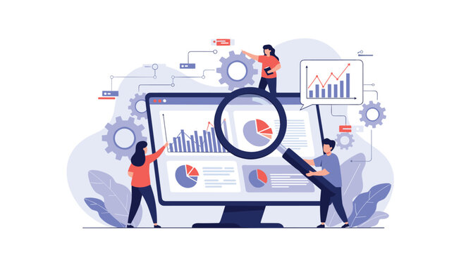 Business intelligence and data monitoring concept with professionals using a magnifying glass to analyze performance charts on a screen.