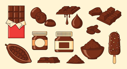 Set of delicious chocolate items including bars, pralines, ice cream, spread jars, and cocoa powder for food design.