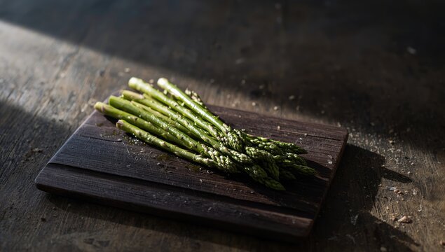 Raw asparagus tips laid out on a dark wood cutting board, ideal for culinary layout design