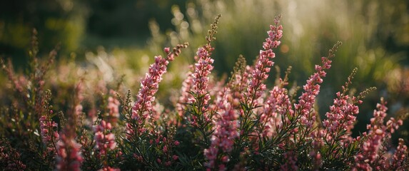 Summer valley scene with common heather flowers, highlighting nature, landscape, garden, green plants, pink blossoms, and botanical charm