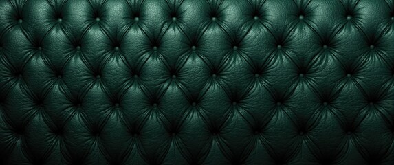 Fototapeta premium Background texture of dark green capitone genuine leather in close up, showcasing retro Chesterfield style soft tufted upholstery with deep diamond pattern and buttons