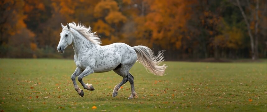 Welsh cob stallion in Section A large paddock, shown in image as white grey dappled and majestic, trotting or cantering with tail up