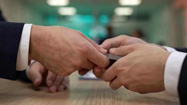 a person hand over a stack of money to another person across a table. The scene takes place in an office or meeting room. The exchange suggests a business deal, investment, br