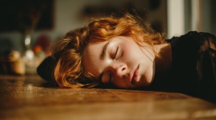 A redhead young woman with freckles sleeps peacefully on a wooden table bathed in warm sunlight