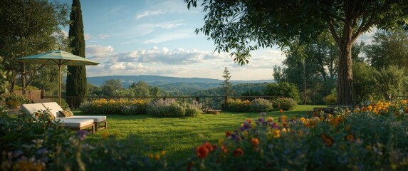 Fototapeta premium A peaceful setting showcasing a garden with sun chairs and umbrella in hilly surroundings