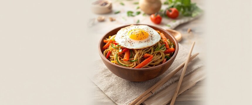 Vegetarian Schezwan Noodles and Vegetable Hakka Noodles or Chow Mein presented in a wooden bowl, Indo-Chinese hot dish, Udon noodles topped with Indonesian fried egg