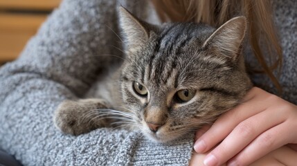 A tabby cat rests its head on a person's arm close up view of its face and ears