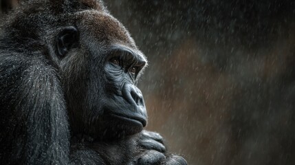 Close up portrait of a large male gorilla in the rain looking out pensively