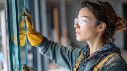 Woman in safety glasses and gloves cleaning glass panels with a sponge