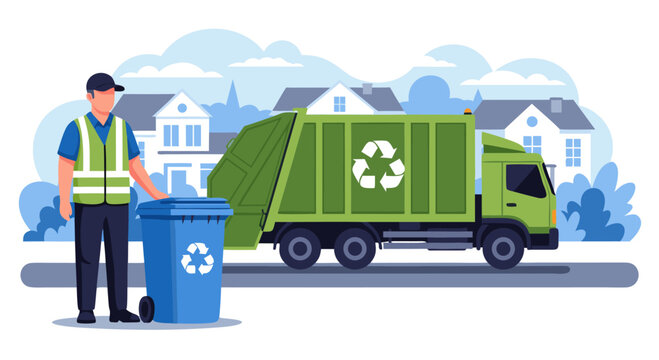 Sanitation Worker with Recycling Bin and Garbage Truck in Suburban Neighborhood