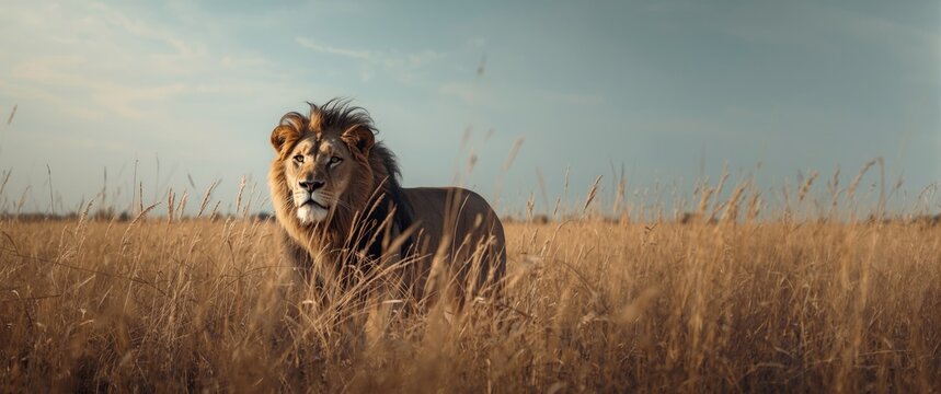 African male lion with a black mane in the arid Kalahari desert