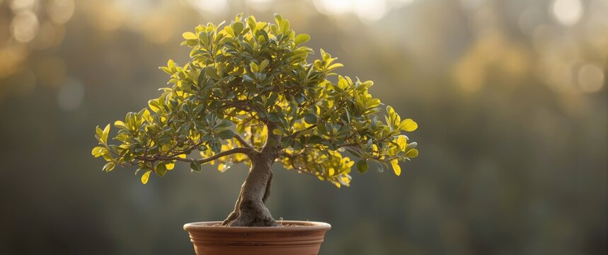 Potted Ficus microcarpa tree captured in the morning portrait