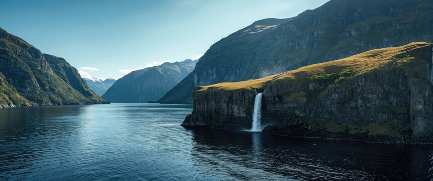 Lysefjorden fjord of Norway featuring Hengjane fossen waterfall and Pulpit Rock