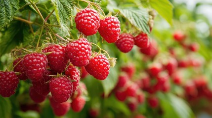 Ripe raspberries glistening in sunlit orchard