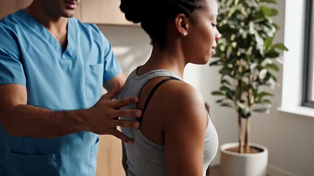 Therapist Performing Chiropractic Adjustment on Patient - A therapist's hands are gently manipulating the spine of a standing patient to demonstrate expert chiropractic alignment.
