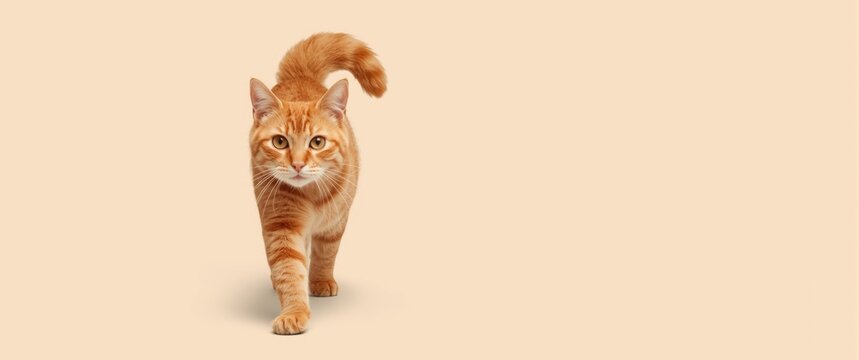 A lovely red cat moves forward against a plain beige backdrop