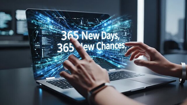 Laptop with New Year's Resolution Message - A laptop screen displays the message "365 New Days, 365 New Chances" with abstract digital lines and data in the background.