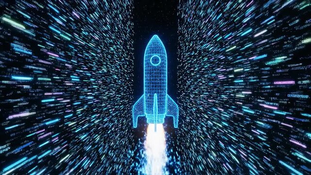 Digital Ascent: A futuristic rocket ship blasts off, soaring through a neon tunnel of data, symbolizing innovation and technological advancement.