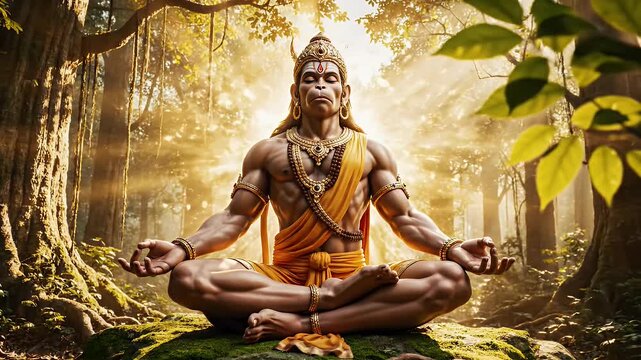 Hanuman in Meditation, Sun-Dappled Forest - video shows Hanuman, the mythical being, in deep meditation sitting in lotus position.