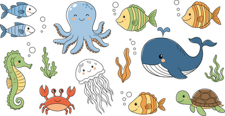 Obraz premium Cute Sea Animals Cartoon Illustration Set with Whale, Fish, Octopus, Jellyfish, Crab, Seahorse, Turtle, and Seaweed for Kids and Ocean Design