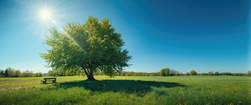 Countryside scene featuring a grove on a sunny day with a clear blue sky, front view