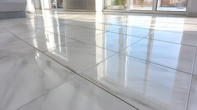 Shiny clean white marble floor tiles in modern interior with natural light from window, reflecting light and showing off the beautiful stone surface