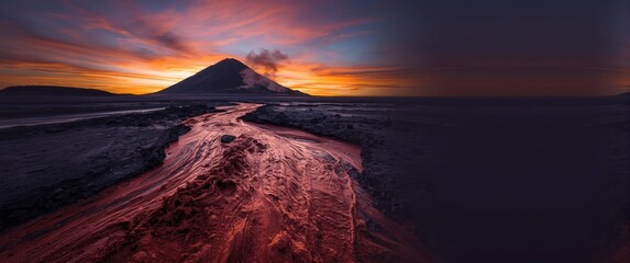 Surreal sunset landscape with flowing mud lava