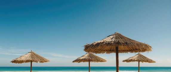 Beach umbrellas with palm-thatched roofs shading a sunny day under a clear blue sky, ideal for summer relaxation by the sea
