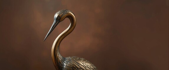 Obraz premium Vintage Art: Abstract Bronze Heron with Curved Neck and Metal Crane against Blurry Brown Backdrop