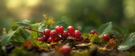 Fototapeta premium Detailed shot of red lingonberries in forest setting. Shallow depth of field. Cowberries Vaccinium vitis-idaea