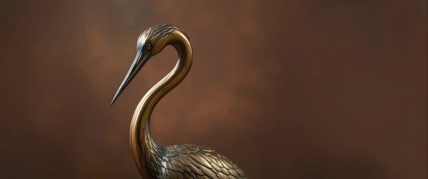 Vintage Art: Abstract Bronze Heron with Curved Neck and Metal Crane against Blurry Brown Backdrop