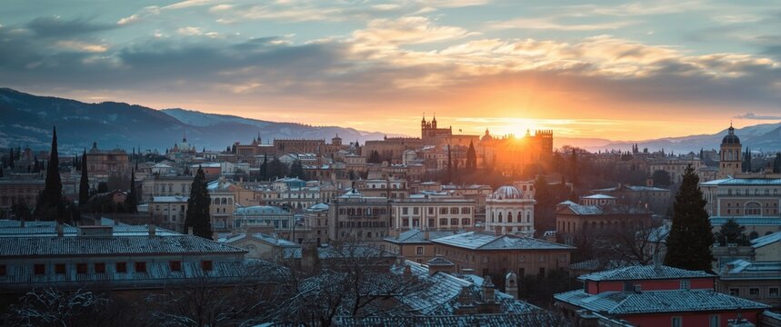Alhambra vista from San Nicolas viewpoint (Mirador de San Nicolas) featuring sky, art, cityscape, winter snow, landscape, sun, architecture, blue hue, sunset