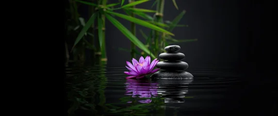 Poster Toilet Zen stone and lotus in a spa still life with water and bamboo leaves backdrop  © NeuralNiche