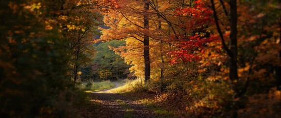 Obraz premium Fall foliage starting to emerge in Tidioute, Pennsylvania forests during a sunny autumn day