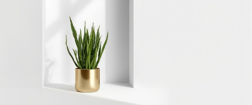 Houseplant Schlumbergera buckleyi in a gold pot featuring new growth on propagated young plant, white background, portrait view
