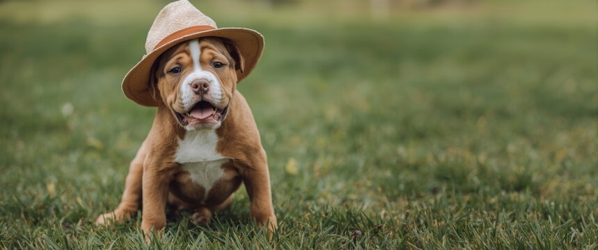A playful young American brown bulldog mixed puppy with a hat. The American Bulldog is a powerful, muscular breed of working dog traditionally employed as stock dogs, catch dogs, and guardians on