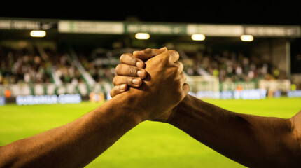 Close-up shot of two dark-skinned hands locked in a firm clasp or handshake, symbolizing partnership and success. The action takes place on a vibrant green sports field with blurred stadium crowds and