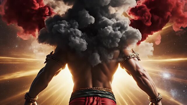 Ethereal Hanuman with Dynamic Smoke and Light - From the back, this video shows the ethereal figure of Hanuman surrounded by dynamic smoke, red plumes, and radiant golden light.