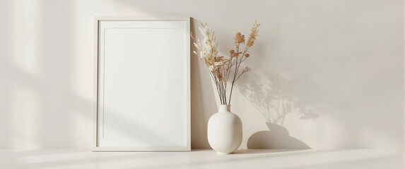 Mockup of a portrait frame with room for artwork, photo, or print, complemented by a modern vase with dried flowers on a beige wall, showcasing minimal Scandinavian interior design