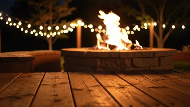 Seamless loop of a gentle backyard fire pit providing warm orange illumination, surrounded by soft, twinkling bokeh lights and a wooden deck surface in the foreground lightsource, foreground, cozyvibe