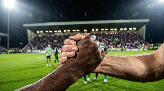 Close-up of a powerful handshake between two athletes, one Black and one White, on a wet football pitch under stadium lights during a rainy night game. Represents unity, sportsmanship, and diversity.