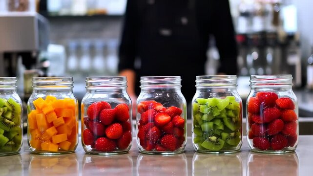 Six glass jars filled with colorful, cut fruits arranged in a row, with a blurred person in background