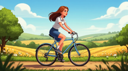 Obraz premium Cartoon Woman Riding a Light Blue Bicycle Through Golden Wheat Fields and Rolling Hills Under a Fluffy Sky - Embracing Freedom and Serenity