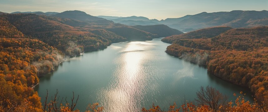 Autumn Aerial Perspective of Pyasachnik (Sandstone) Reservoir, Sredna Gora Mountain, Bulgaria