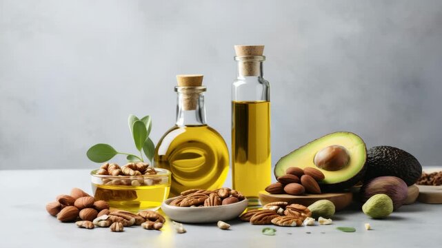 A healthy array of various wholesome oils in glass bottles, along with an assortment of nuts and fresh avocado, rich in essential healthy fats.