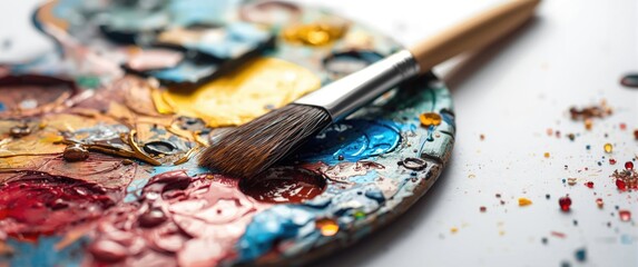 Obraz premium Paintbrush and palette of the artist in detailed view